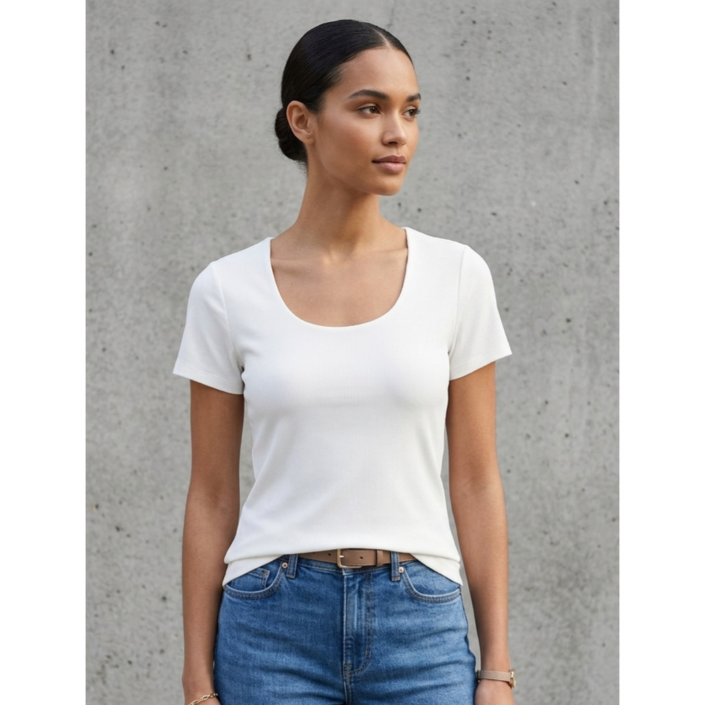 Tahari‎ Modern Essentials Ribbed Scoop Neck Short Sleeve Tee White Small